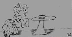 Size: 1342x699 | Tagged: safe, artist:remer, pinkie pie, g4, black and white, cake, female, grayscale, happy, monochrome, pencil drawing, scan, simple background, sketch, solo, traditional art