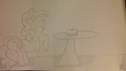 Size: 640x360 | Tagged: safe, artist:remer, pinkie pie, g4, black and white, cake, female, grayscale, happy, pencil drawing, simple background, sketch, solo, traditional art