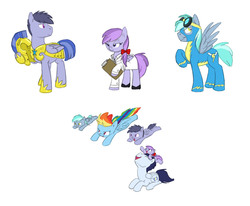 Size: 1968x1622 | Tagged: safe, artist:carnifex, rainbow dash, soarin', oc, oc:lockheed, oc:mercury, oc:snowburst, g4, children, clipboard, female, male, offspring, parent:rainbow dash, parent:soarin', parents:soarindash, royal guard, ship:soarindash, shipping, simple background, straight, white background, wonderbolts uniform