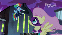 Size: 846x470 | Tagged: safe, screencap, fluttershy, rainbow dash, saddle rager, zapp, g4, power ponies (episode), hub logo, meme, power ponies, youtube caption