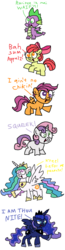 Size: 1000x3821 | Tagged: safe, artist:aleximusprime, apple bloom, princess celestia, princess luna, scootaloo, spike, sweetie belle, alicorn, dragon, earth pony, pegasus, pony, unicorn, g4, accent, april fools, buy some apples, derp, female, filly, flanderization, i am the night, mare, scootachicken, squeaky belle, tyrant celestia, waifu, ye olde butcherede englishe