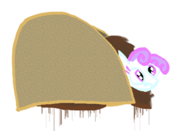 Size: 1028x777 | Tagged: safe, artist:britt-entertainment, sweetie belle, pony, g4, drippy beef, female, not sure if want, simple background, solo, taco, transparent background, trapped, wat