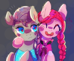 Size: 1280x1054 | Tagged: safe, artist:cherivinca, maud pie, pinkie pie, g4, alternate hairstyle, anna, clothes, cosplay, costume, crossover, disney, duo, elsa, eyes closed, frozen (movie), happy, open mouth, parody
