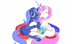 Size: 2560x1600 | Tagged: safe, artist:navanastra, princess celestia, princess luna, g4, blushing, butt, dock, looking at you, looking back, on side, open mouth, pillow, pink-mane celestia, plot, s1 luna, shy, smiling, underhoof, wink, younger