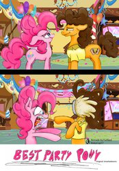 Size: 889x1280 | Tagged: safe, artist:furnaut, artist:smashedatoms, cheese sandwich, pinkie pie, g4, angry, betrayal, comic, food, messy, pie, pie in the face, pied, shipping denied