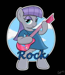 Size: 3900x4500 | Tagged: dead source, safe, artist:thebrokencog, maud pie, earth pony, pony, g4, bipedal, female, guitar, music, pun, rock (music), rock and roll, rock pun, solo