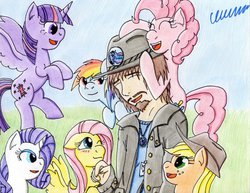 Size: 1016x786 | Tagged: safe, artist:the1king, applejack, fluttershy, pinkie pie, princess luna, rainbow dash, rarity, twilight sparkle, alicorn, human, pony, g4, brony, female, hat, mane six, mare, trilby, twilight sparkle (alicorn)