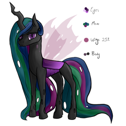 Size: 1280x1280 | Tagged: artist needed, safe, princess celestia, changeling, g4, changelingified, female, princess chryslestia, purple changeling, reference sheet, simple background, solo, white background