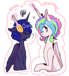 Size: 930x1025 | Tagged: safe, artist:tokiball12345, princess celestia, princess luna, g4, alternate hairstyle, brush, cute, eyes closed, floppy ears, grooming, looking at you, magic, nervous, question mark, short hair, sitting, telekinesis, wavy mouth