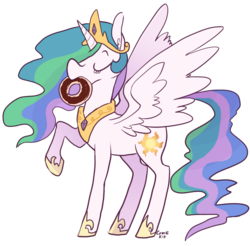 Size: 840x826 | Tagged: safe, artist:comickit, princess celestia, alicorn, pony, g4, crown, donut, female, jewelry, mare, mouth hold, regalia, simple background, solo, transparent background