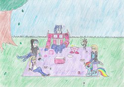 Size: 1024x721 | Tagged: safe, artist:bblvr231, rainbow dash, human, puffball, g4, crossover, kirby, kirby (series), midna, nintendo, optimus prime, picnic, self insert, the legend of zelda, the legend of zelda: twilight princess, traditional art, transformers