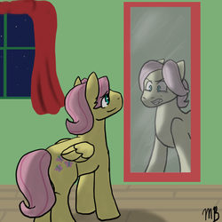 Size: 576x576 | Tagged: safe, artist:moonstruck-badger, fluttershy, pony pov series, g4, butterscotch, mirror, reflection, reharmonized ponies, rule 63