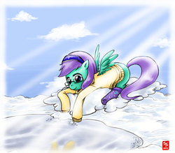 Size: 1600x1400 | Tagged: safe, artist:thescottiestoneofall, oc, oc only, oc:iris, pegasus, pony, clothes, cloud, cloudy, glasses, lake, rule 63, snow, socks, solo, sunshine, sweater