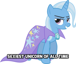 Size: 712x600 | Tagged: safe, trixie, pony, unicorn, g4, cape, caption, clothes, female, image macro, mare, meme, sexiest pony alive, simple background, solo, vector, white background