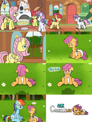Size: 2200x2900 | Tagged: safe, artist:fillyscoots42, apple bloom, fluttershy, rainbow dash, scootaloo, sweetie belle, earth pony, pegasus, pony, unicorn, ask crinkleloo, g4, butt, comic, crinkleloo, cutie mark crusaders, diaper, female, filly, foal, high res, non-baby in diaper, plot, urine, wet diaper