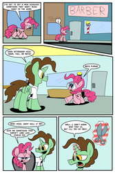 Size: 1280x1920 | Tagged: safe, artist:joeywaggoner, pinkie pie, oc, the clone that got away, g4, too many pinkie pies, barber, comic, diane