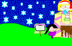 Size: 979x632 | Tagged: safe, artist:notsofrequentuser, chickadee, ms. peachbottom, chicken, g4, bow, ching (pucca), concession stand, freckles, glasses, hairband, moon, night, pucca, sign, stars, table, tent, twin braids, won (pucca)