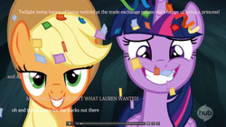 Size: 1920x1079 | Tagged: safe, screencap, applejack, twilight sparkle, alicorn, pony, g4, my little pony: friendship is magic, trade ya!, alicorn drama, drama, female, hub logo, mare, satire, twilight sparkle (alicorn)