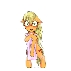 Size: 900x900 | Tagged: safe, artist:kuromozuku, applejack, earth pony, pony, g4, bipedal, blushing, covering, embarrassed, female, loose hair, pixiv, simple background, solo, towel, wet mane