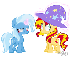 Size: 1800x1500 | Tagged: safe, artist:jankrys00, sunset shimmer, trixie, pony, unicorn, g4, accessory swap, blushing, clothes, duo, female, hat, lesbian, magic, ship:suntrix, shipping, trixie's hat