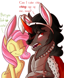 Size: 1000x1200 | Tagged: safe, artist:evehly, fluttershy, king sombra, g4, blushing, bunny ears, chest fluff, cute, easter, female, male, ship:sombrashy, shipping, smiling, straight