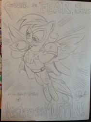 Size: 768x1024 | Tagged: safe, artist:andypriceart, derpy hooves, pegasus, pony, g4, female, flexing, lineart, mare, mistress muffin, power ponies oc, solo, superhero, traditional art