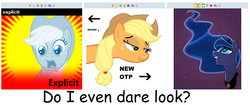 Size: 773x324 | Tagged: safe, applejack, princess luna, derpibooru, g4, exploitable meme, juxtaposition, juxtaposition win, meme, meta