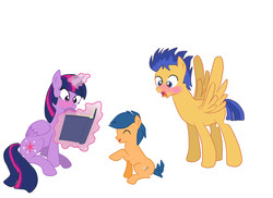 Size: 2338x1700 | Tagged: safe, artist:1231redflame, first base, flash sentry, twilight sparkle, alicorn, pony, g4, blushing, d:, embarrassed, female, frown, magic, male, mare, orange bros, photo album, ship:flashlight, shipping, smiling, straight, trio, twilight sparkle (alicorn), wide eyes