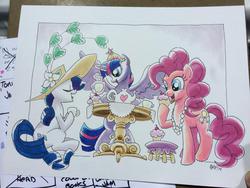 Size: 1024x768 | Tagged: safe, artist:tony fleecs, pinkie pie, rarity, twilight sparkle, alicorn, pony, g4, clothes, female, hat, mare, tea party, twilight sparkle (alicorn)