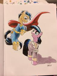 Size: 768x1024 | Tagged: safe, artist:tony fleecs, pony, blazer, cape, clothes, crossover, dc comics, female, flying, lois lane, male, mare, ponified, shirt, sketch, stallion, superhero, superman, traditional art