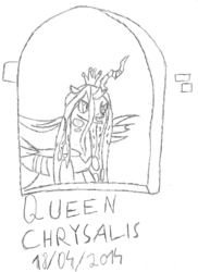 Size: 852x1171 | Tagged: safe, artist:xxgior10xx, queen chrysalis, g4, female, monochrome, solo, window