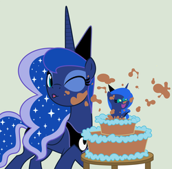 Size: 1600x1577 | Tagged: safe, artist:evilfrenzy, princess luna, g4, cake, multeity, pointy ponies, popping out of a cake, tiny ponies