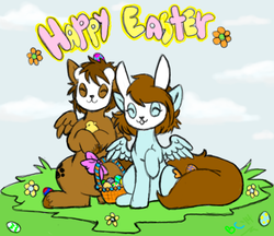 Size: 542x468 | Tagged: safe, artist:bunnycat, oc, oc only, oc:bear, oc:bunny, couple, easter, easter basket, easter bunny, easter egg, holiday, oc x oc