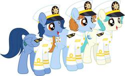 Size: 566x347 | Tagged: safe, artist:shinta-girl, oc, oc only, sea pony, clothes, holy bell, joey, lumière du ciel, sailor ponies, sailor uniform, uniform