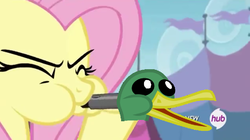 Size: 960x538 | Tagged: safe, edit, edited screencap, screencap, fluttershy, duck, g4, trade ya!, bear call, blowing, duck call, female, hub logo, op, op call, op is a duck (reaction image), reaction image, solo, whistle