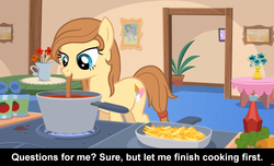 Size: 1600x973 | Tagged: safe, oc, oc only, oc:cream heart, earth pony, pony, comic:celestia's servant interview, bedroom eyes, caption, cooking, cs captions, female, food, hay fries, interview, ketchup, mare, meta, solo