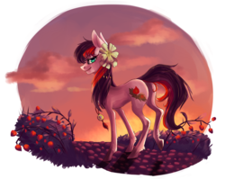 Size: 2155x1719 | Tagged: safe, artist:weird--fish, oc, oc only, oc:groundcherry, bedroom eyes, butt, flower, flower in hair, looking at you, looking back, necklace, plot, smiling, solo, underhoof