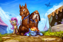 Size: 1920x1280 | Tagged: safe, artist:assasinmonkey, fluttershy, rainbow dash, dog, orthros, pegasus, pony, g4, trade ya!, drool, multiple heads, tongue out, two heads