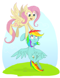Size: 857x1106 | Tagged: safe, artist:rainbowcider, fluttershy, rainbow dash, g4, may the best pet win, carrying, flying
