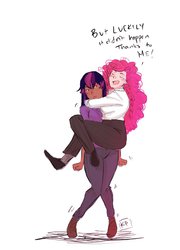 Size: 758x1055 | Tagged: safe, artist:demdoodles, pinkie pie, twilight sparkle, human, g4, trade ya!, dark skin, dialogue, female, humanized, lesbian, scene interpretation, ship:twinkie, shipping