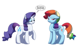 Size: 1607x987 | Tagged: safe, artist:weirdofish, rainbow dash, rarity, pegasus, pony, unicorn, g4, alternate hairstyle, annoyed, female, hilarious in hindsight, lidded eyes, mare, name pun, pun, rainbow dash always dresses in style, rainbow dash is not amused, rainbow fash, rarity hair, simple background, speech bubble, transparent background, unamused