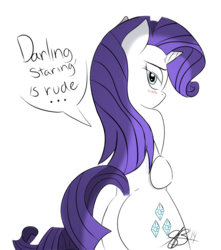 Size: 849x960 | Tagged: safe, artist:xxxsketchbookxxx, rarity, pony, unicorn, semi-anthro, g4, back, bipedal, blushing, butt, female, horn, looking back, mare, plot, simple background, solo, speech bubble, transparent background