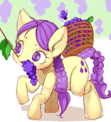 Size: 970x1067 | Tagged: safe, artist:iizuna, boysenberry, earth pony, pony, g4, background pony, food, grapes, mouth hold, solo, working