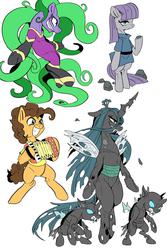 Size: 1000x1500 | Tagged: safe, artist:nekubi, cheese sandwich, mane-iac, maud pie, queen chrysalis, changeling, pony, g4, bipedal, simple background, sketch dump