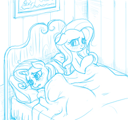 Size: 1500x1406 | Tagged: safe, artist:mrs1989, fluttershy, rarity, pony, unicorn, g4, aftersex, bed, bedroom, blanket, blushing, crying, female, floppy ears, lesbian, lip bite, mare, monochrome, morning after, on back, on side, pillow, ruined for marriage, ship:flarity, shipping, smiling