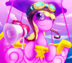 Size: 800x700 | Tagged: safe, artist:c.d.i., cherry berry, earth pony, pony, g4, aviator hat, balloon, female, hat, hot air balloon, megaphone, pixiv, solo, twinkling balloon