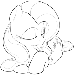 Size: 1047x1051 | Tagged: safe, artist:dotkwa, fluttershy, oc, oc:anon, pony, g4, eyes closed, female, giant pony, giantess, giantshy, grayscale, hilarious in hindsight, kissing, macro, male, mare, monochrome, prone, size difference, smiling, straight