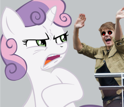 Size: 644x558 | Tagged: safe, sweetie belle, human, pony, g4, justin bieber, red eyes, solo