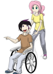 Size: 875x1225 | Tagged: safe, artist:kprovido, fluttershy, stellar eclipse, human, g4, trade ya!, converse, crack shipping, duo, female, humanized, male, shipping, stellarshy, straight, wheelchair