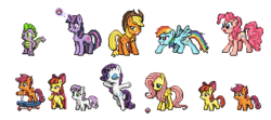 Size: 355x157 | Tagged: artist needed, source needed, safe, apple bloom, applejack, fluttershy, pinkie pie, rainbow dash, rarity, scootaloo, spike, sweetie belle, twilight sparkle, g4, cutie mark crusaders, mane six, pixel art, poké ball, pokémon, simple background, sprite, white background